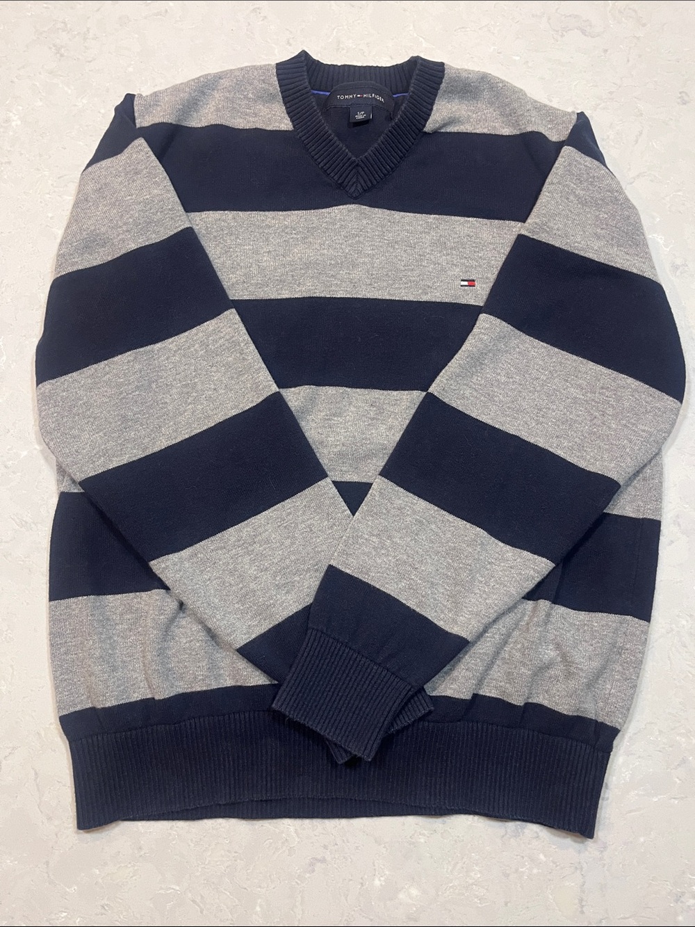 Tommy Hilfiger Men’s Navy & Gray Wide-Stripe V-Neck Sweater